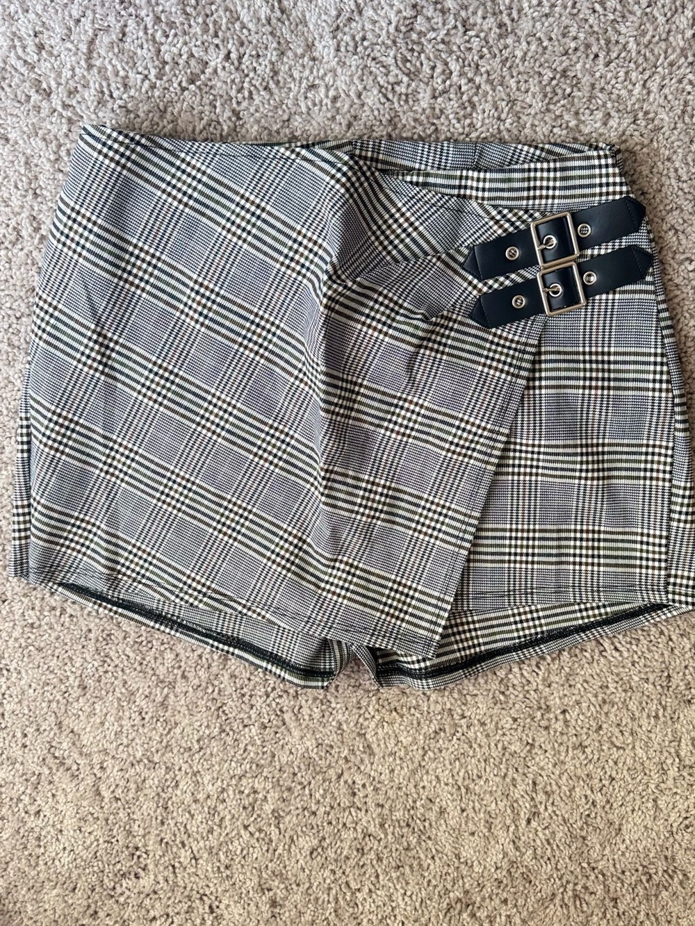 Black and White Plaid Mini Skort with Buckle Detail